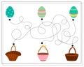 Children's logic game swipe through the dots, go through the maze. Easter eggs and baskets. Vector