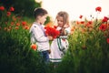 Children`s love, a little boy and a girl, amicably spend time, laugh and smile, and kiss in the flowering field of poppies