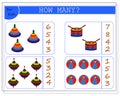 Children`s math game, count how many of them. children`s toy pyramid, drum, bundle, ball. vector