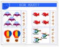 Children`s math game, count how many of them. children`s toys, helicopter, airplane, balloon, rocket. vector