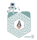 Children`s maze with astronaut and rocket. Puzzle game for kids, vector labyrinth illustration.
