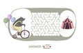 Children`s maze with bear on a bike and circus tent. Puzzle game for kids, vector labyrinth illustration.