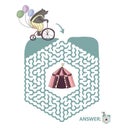 Children`s maze with bear on a bike and circus tent. Puzzle game for kids, vector labyrinth illustration.