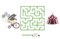 Children`s maze with bear on a bike and circus tent. Puzzle game for kids, vector labyrinth illustration. Royalty Free Stock Photo