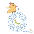 Children`s maze with chicken and worm. Puzzle game for kids, vector labyrinth illustration. Royalty Free Stock Photo