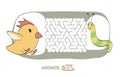 Children`s maze with chicken and worm. Puzzle game for kids, vector labyrinth illustration.