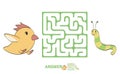 Children`s maze with chicken and worm. Puzzle game for kids, vector labyrinth illustration.