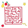 Children s maze. Game for kids. The worm creeps to the fruit. Hand-drawn graphic