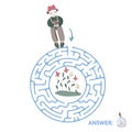 Children`s maze with gardener and flowers. Puzzle game for kids, vector labyrinth illustration.