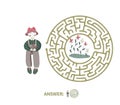 Children`s maze with gardener and flowers. Puzzle game for kids, vector labyrinth illustration.