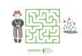 Children`s maze with gardener and flowers. Puzzle game for kids, vector labyrinth illustration.