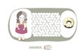 Children`s maze with girl and donut. Puzzle game for kids, vector labyrinth illustration.