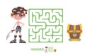 Children`s maze with pirate and treasure. Puzzle game for kids, vector labyrinth illustration. Royalty Free Stock Photo