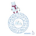 Children`s maze with polar bear and the North pole. Puzzle game for kids, vector labyrinth illustration.