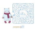 Children`s maze with polar bear and the North pole. Puzzle game for kids, vector labyrinth illustration.