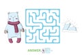 Children`s maze with polar bear and the North pole. Puzzle game for kids, vector labyrinth illustration.