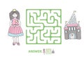 Children`s maze with Princess and fairytale castle. Puzzle game for kids, vector labyrinth illustration.