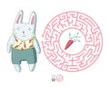 Children`s maze with rabbit and carrot. Puzzle game for kids, vector labyrinth illustration.