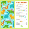 Children`s menu with dinosaurs. Design vector template.