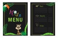 Children`s menu template. Cafe menu design for kids. Menu for children with palm leaf koalla and parrot.