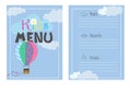 Children`s menu template. Cafe menu design for kids. Menu for children with palm leaf koalla and parrot.