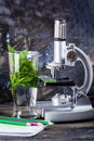 Children's microscope in still life table leaves, plant, foliage, biology, pencils, notebook Royalty Free Stock Photo