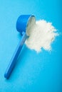 Children`s milk powder in a blue measuring spoon