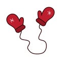 Children`s mittens on a rope. Vector sketch.