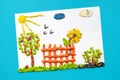 Children`s modelling clay crafts. Bright summer Landscape with t