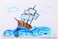 Children`s paint ship in sea. Kid drawing a pirate ship and ocean waves