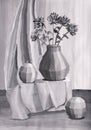 Children`s painting `Decorative still life with flowers in a vase and objects`