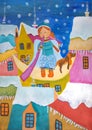 Children`s painting `Fantastic Christmas winter night`