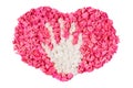 Children`s paper crafts in the shape of a pink heart with a baby hand made of glued napkins Royalty Free Stock Photo