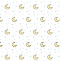 Children`s pattern with yellow moons and blue stars on a white background. Vector ornament in the style of doodle Royalty Free Stock Photo