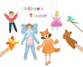 Children theater with dolls, puppets and children in dresses. Vector set illustration