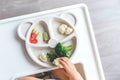 children\'s plastic plate with vegetables broccoli, cauliflower, cucumbers, tomatoes, child eats Royalty Free Stock Photo