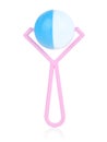 Children`s plastic rattle pink on a white background. A toy to attract the child`s attention. Development of hearing and attenti