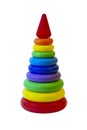 Children`s plastic toy pyramid in a packing grid on a white background. Children`s activity game for learning colors and shapes