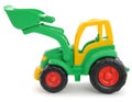 Children`s plastic toy, yellow-green bulldozer isolated on white