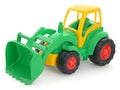 Children`s plastic toy, yellow-green bulldozer isolated on white