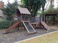 Zona de lazer infantil em madeira do parque infantil. Royalty Free Stock Photo