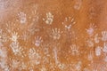 Multiple colorful children hand prints on huskily brown wall