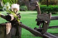 Children`s play equipment made of wood are in the garden Royalty Free Stock Photo