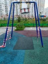 Children`s playground is closed. Prevention of coronavirus COVID-19. Ban tape. Mobilephoto.Vertical. Copy space