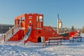 Children`s playground covered in snow in Ada Huja, Belgrade Royalty Free Stock Photo