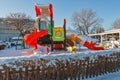 Children`s playground covered in snow in Ada Huja, Belgrade Royalty Free Stock Photo