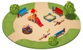 Children`s playground on a round clearing among the grass, with three paths, isometric vector