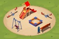 Children`s playground on a round sand glade among the grass, isometric vector