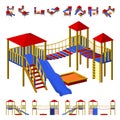 Children`s playground with slide, hanging ladder, and a sandbox. The different projections from different angles, isometric and f