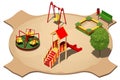 Children`s playground with swings, carousel, sandbox and slide for skating, isometric vector illustration